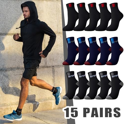 Bencailor 15 Pairs Men's Crew Socks Breathable Athletic Comfort Lightweight Sport Socks for Men3
