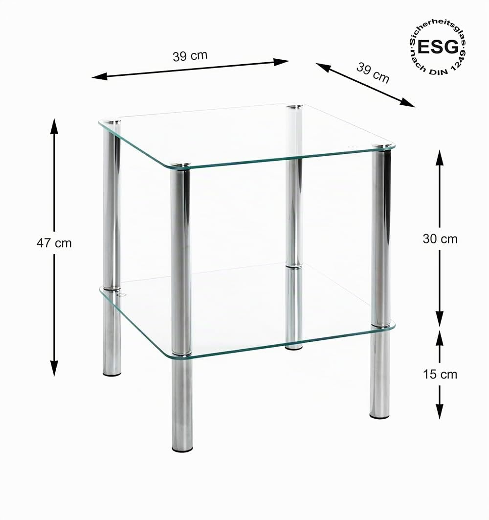 HAKU Mesa Auxiliar Cuadrada de Metal Cromado, Mesa de salón con Tablero de Cristal de Seguridad - Dimensiones: An 39 cm x Al 47 cm x Pr 39 cm, Estilo: Moderno