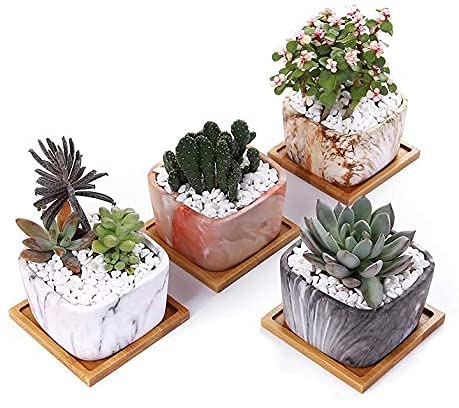 3.5 inch Square Plant Pots Marbling Ceramic Succulent Planter Cactus Pots Small Flower Pots Bamboo Herb Planters Vase Decorative Pots for Plants with Drainage Hole & Bamboo Tray Set of 4 (SquareB)