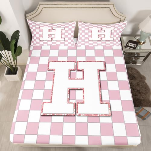 Image of Erosebridal Pink Initial H Bed Sheets Twin Kawaii Plaid Checkered Sheet Set Cute Personalized Monogram Bedding Set for Kids Girls Teen Women,Fashion Grids Gingham Fitted Flat Sheets 3 Piece