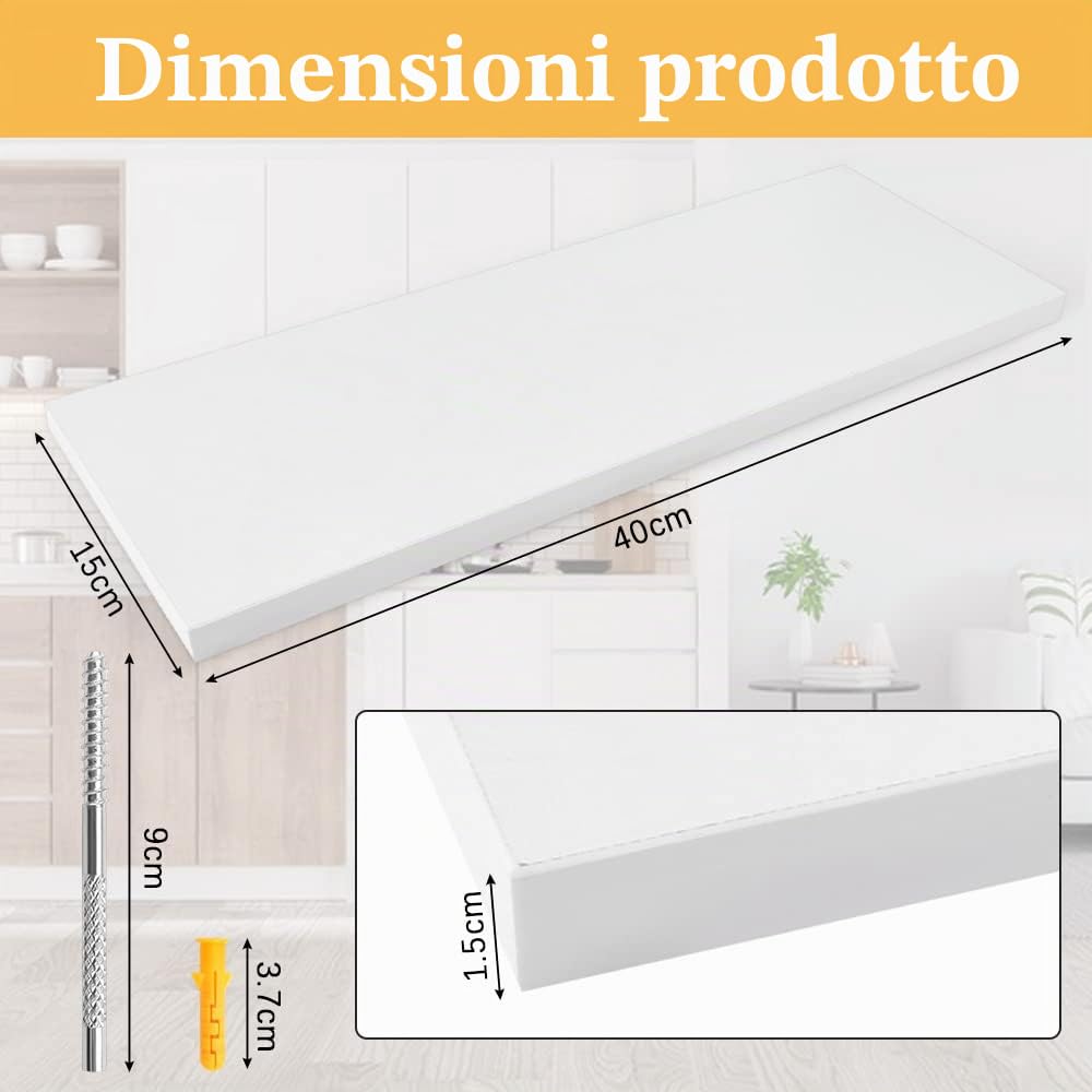 THATSRAD 3 Pezzi Mensole da Parete Scaffale da Parete Mensole a Muro in Legno Bianche 40x15cm Mensola in Legno MDF Scaffale Galleggiante da Pare te per Camera da Letto Soggiorno Cucina Bagno e Ufficio