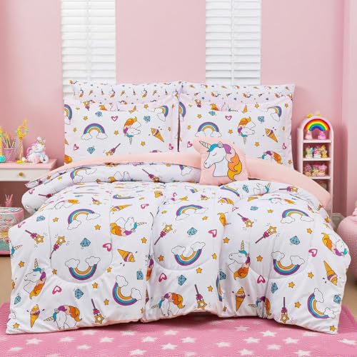 Mooreeke Bed in a Bag for Kids Girls Teens, 8 Pieces Full Size Comforter Bed Set with Shams, Sheet Set and Decorative Toy Pillow, Unicorn Rainbow Super Soft Microfiber Kids Bedding Set