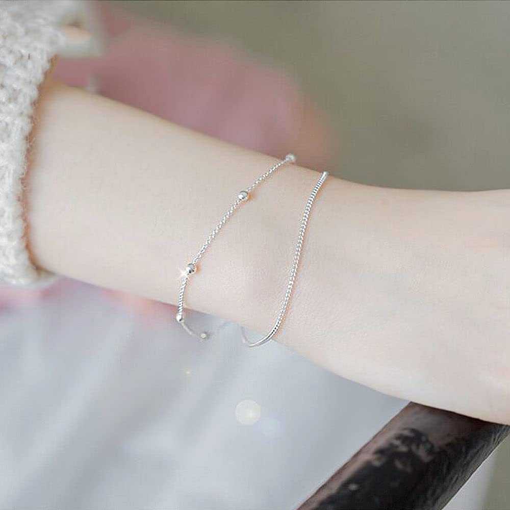 ThAyLa Brazalete De Cadena,Pulsera De Plata De Ley 925 Elegantes Pulseras De Plata De Doble CadenaJoyería De Plata Esterlina Regalos for Hermanas Amigas Parejas Mamá