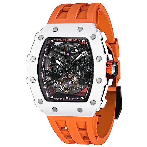 Image of TSAR BOMBA Men's Automatic Watch Tonneau Luxury Skeleton Watches for Men Mechanical 50M Waterproof Analogue Watches Mens Unique Cool Square Big Face Dial Wristwatch with Silicone Strap Band