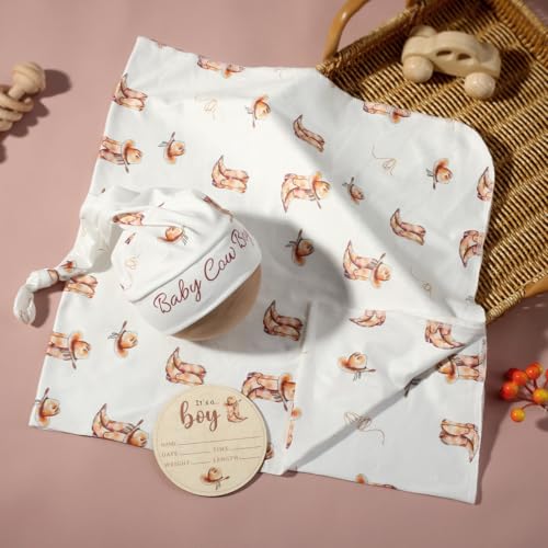 Image of Ylsteed Baby Swaddle Blanket and Headband Set, Newborn Receiving Blanket Swaddle Wrap for Girls and Boys, Swaddling Blankets Neutral for Newborn, Soft and Skin-Friendly 32 * 32 inches (Cowboy)