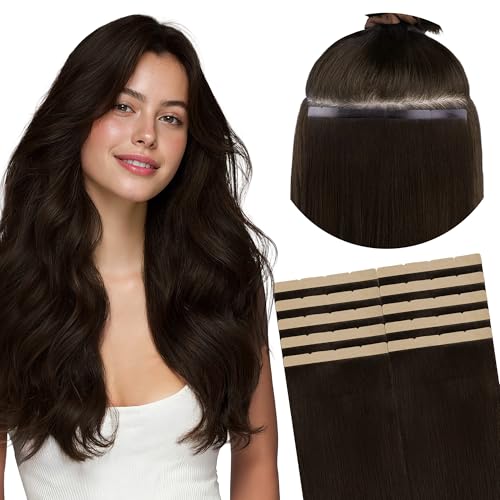 Image of GOO GOO Tape In Weft Hair Extensions Human Hair, 2 Dark Brown, 8cm Wide Tape, 22inch 10pcs 50g, Tape Weft Hair Extensions, Seamless Tape in