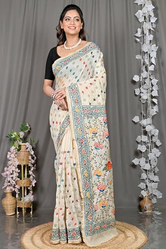 Image of DipDiya Cotton Traditional Bengali White Kantha Stitch Saree with blouse piece