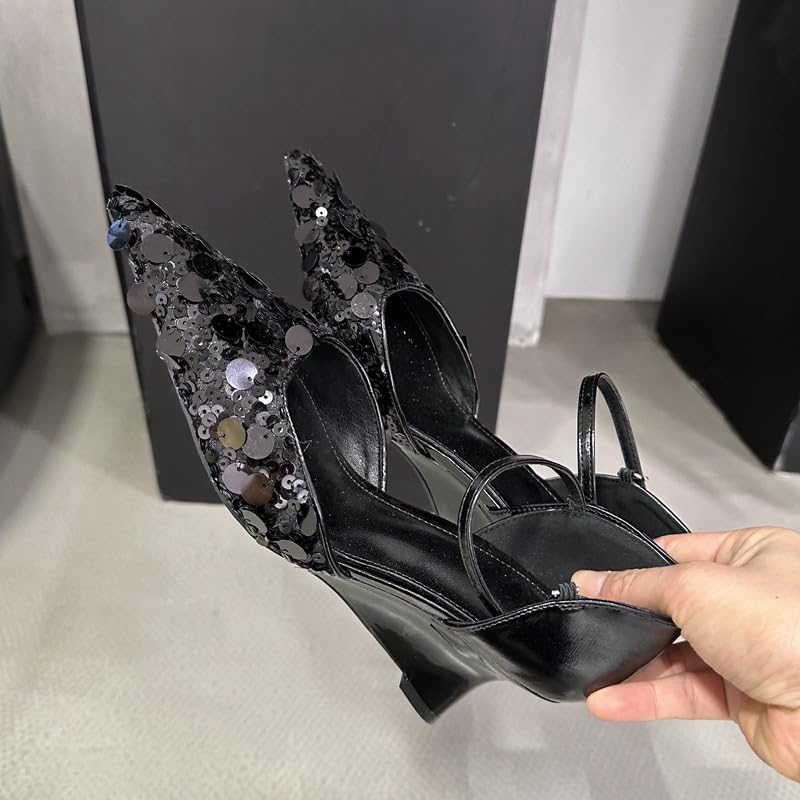 Women's Pointed Toe Sandals Wedge Heel Adjustable Strap Patent Leather Pumps Casual Party Wedding Dressy Shoes with Sequins4
