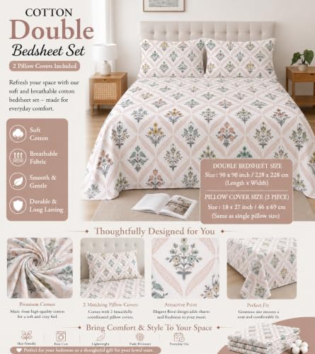 Image of IVAZA 240 TC Soft Ezyption Cotton Floral Print King Size Bedsheet - with 2 Pillow Covers, Hypoallergenic, Brethable, (Size- 90 x 90 Inch) Sage Green