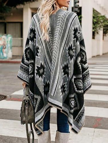 Image of Bestshe Women's Boho Open Front Poncho Plaid Shawl Wrap Cape | Tassel Cardigan Sweater, Cozy Layering, Fall Winter Clothes for Women