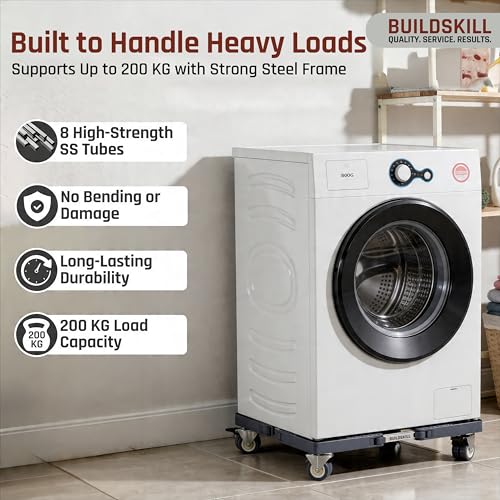 Image of BUILDSKILL Rust-Proof Dual Stainless Steel Tube Washing Machine Stand | 200kg Capacity | Adjustable Size | 360 Locking Wheels | Anti-Skid | Fits Top /Front Load, Fridge & Dishwasher