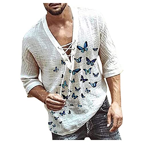 MODOQO Mens Cotton Linen Henley Shirt Drawstring Half Sleeve Hippie Casual Lace Up T Shirt Summer Boho Beach Tops White
