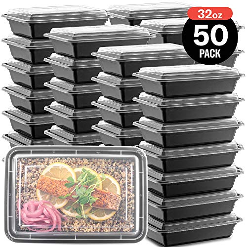 50-Pack Meal Prep Plastic Microwavable Food Containers meal prepping & Lids."{32 OZ.}" Black