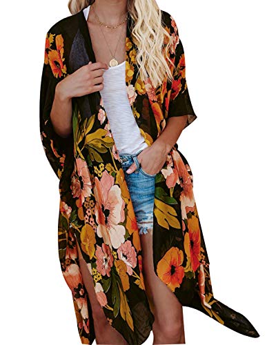 Dauveg Quimono feminino longo de chiffon cardigã Boho floral 0 caneta capa frontal xale, 1 preto, S