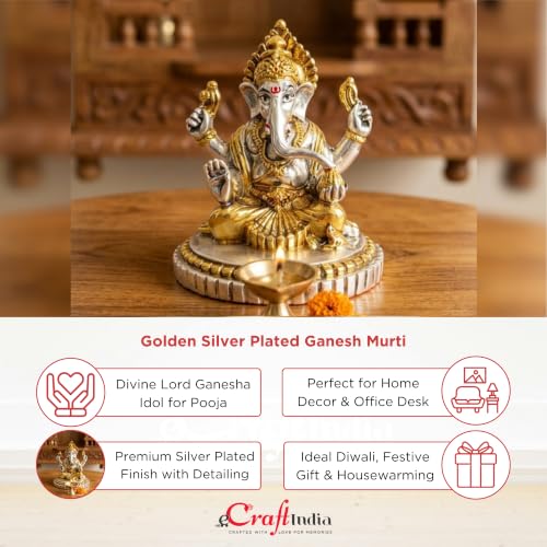 Image of eCraftIndia Golden Silver Plated Metal Ganesh Murti for Diwali Pooja | Ganesh Idol | Diwali Decoration Items for Home Decor.