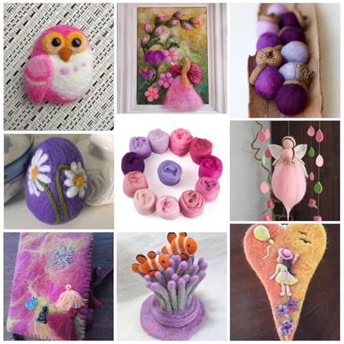 Image of Magibeasd 2.12 oz Wool Roving for Needle Felting Nature Wool Yarn Kit Variety Pink Purple Tones for Beginners Felted Crafts DIY Materials Hand Spinning Supplies 12 Colors