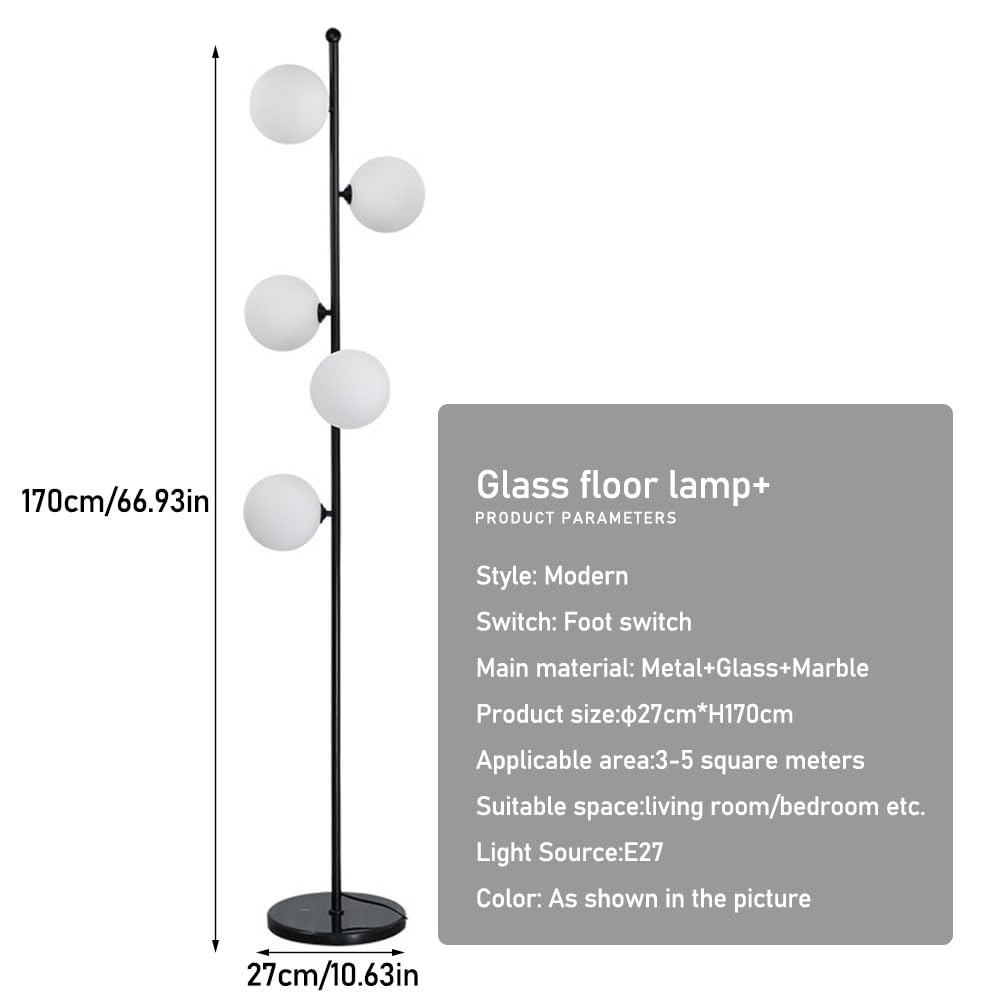Lampada terra creativa 5 sfere Paralume in vetro bianco Lampade terra Lampade lettura per interni Lampade alte Lampada decorativa verticale per soggiorno Interruttore pedale Base in marmo Lamp