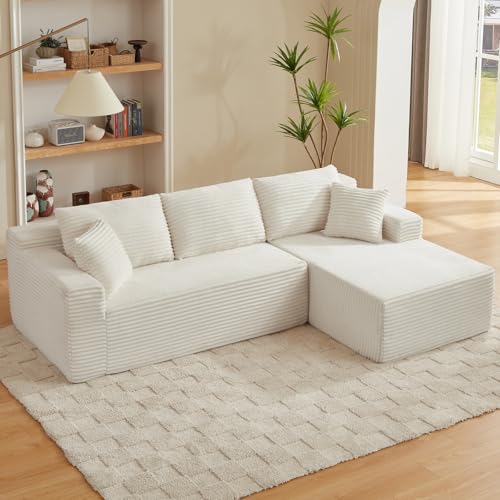 Anwick Ecksofa L-förmig mit Schlaffunktion, Modulares 3-Sitzer mit Chaiselongue Links, Cordbezug, Tiefe Sitzfläche, Montagefrei 252 x 163 cm (Weiß)
