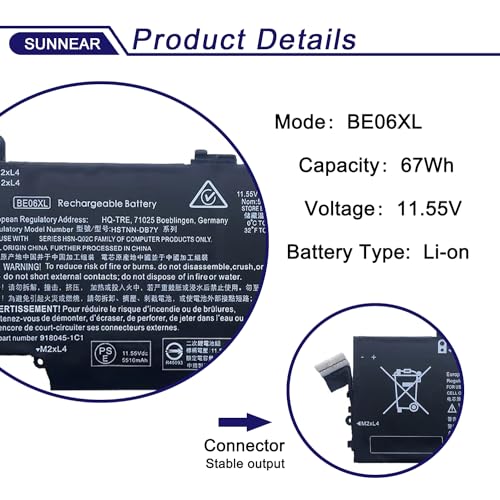 Image of BE06XL Laptop Battery Compatible with HP Elitebook 1040 G4 Folio Series Notebook HSTNN-IB7V HSTNN-DB7Y 918045-1C1 918045-171 918045-2C1 918108-855 HSN-Q02C BEO6XL 11.55V 67Wh 5800mAh