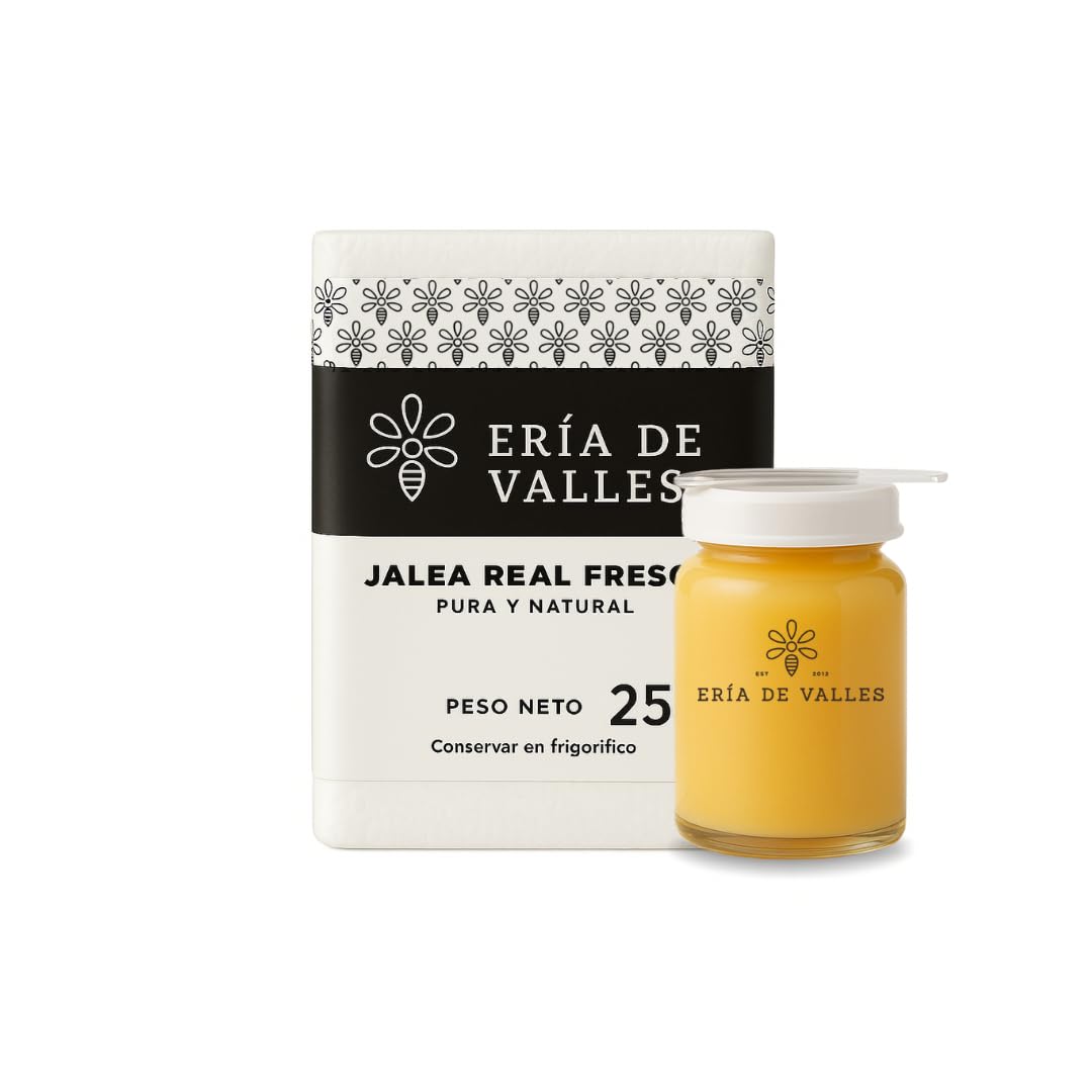 Eria de Valles Gelée Royale frisch, 100 % natürlich, 25 g, rein, ohne Konservierungsstoffe und in Kühlbox, mit Messlöffel, Energie und Vitalität, täglicher Verzehr, im Kühlschrank aufbewahren