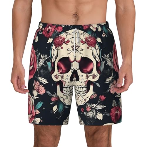 Flowers Skull Ornamental Pattern Men's Soft Double Swim Shorts, Lounge Swiming Shorts Pants Breathable Summer