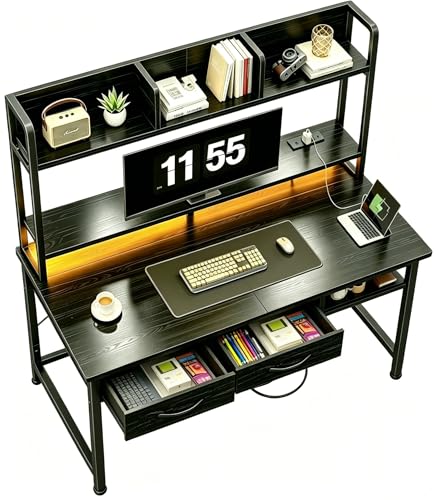 Image of DurayLoly 39.4 inch Computer Desk with Hutch & Monitor Stand,Gaming Desk with Shelves & Drawers, Writing Desk with LED &Power Outlet,Office Desk,Study Desk for Bedroom Home Office,Small Space,Black