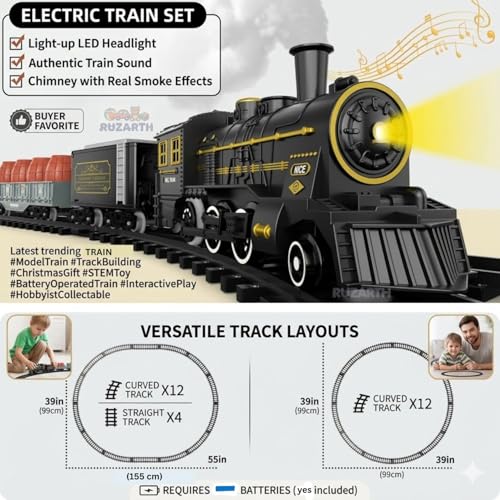 Image of Classic Steam Train Set for Kids 3+ with Real Smoke, Light & Sound, Rechargeable Battery Operated Electric Railway Toy with 155CM Track & Cargo Cars, Gift for Boys & Girls