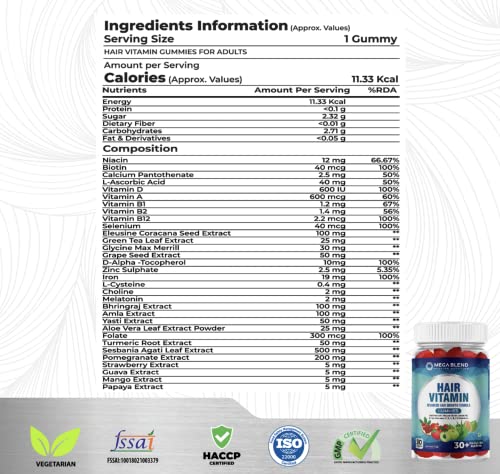 Image of Hair Vitamin Gummy | 60 Count | Advanced Hair Growth Formula With 30+ Pro Hair Bionutrients with Natural Biotin (Sesbania), Alovera and Turmeric Extracts