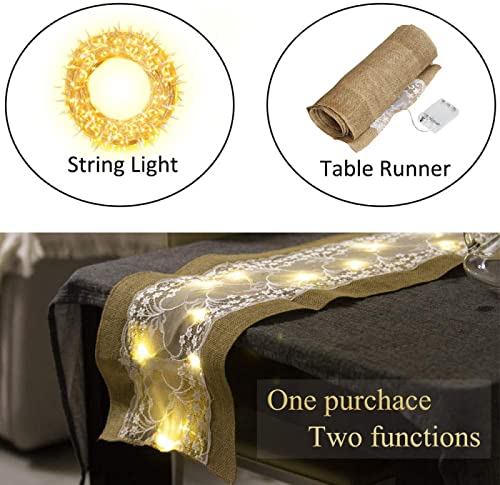 40 Led Table Runner With String Lights Handmade Burlap Roll Linen Fabric Tablecloth, Lace Natural Jute Rectangle Table Cover For Buffet, Party, Holiday Dinner, Reception, Wedding Decor - 12 X 108 Inch #TOP1