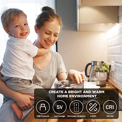 Image of USB COB LED Strip Lights 4.92ft /1.5m,5V 480LEDs 1200lm Dimmable COB LED Light Strip 3000K Warm White CRI90 USB TV Backlight,Flexible Under Cabinet Tape Light for Bedroom,Kitchen,Home DIY Lighting