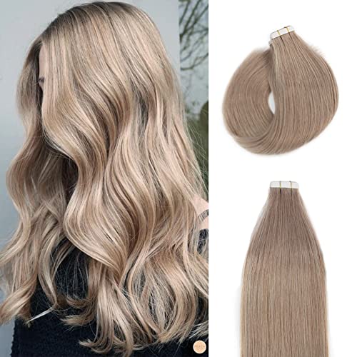 POEPORE Blonde Tape in Hair Extensions Human Hair 20 PCS 50g/Pack Silky Straight Invisible Strong Tape Glam Seamless Tape Hair Extensions 16 Inch color 18 Dirty Blonde