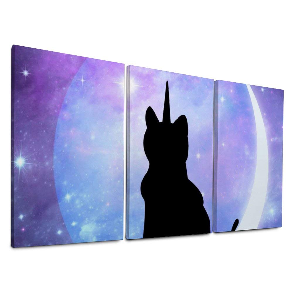 YATELI Canvas Prints Wall Decor 3 Panels for Living Room Modern Bathroom Starry Moon Abstract Unicorn Cat Print Stretched and Framed Giclee
