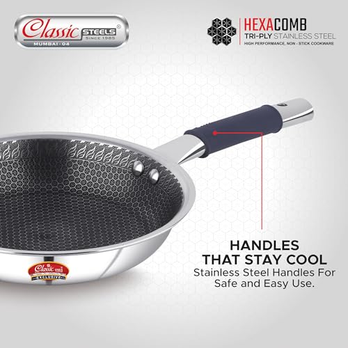 Image of Classic Steels Hexa Comb Triply Frypan Without Lid - 1 LTR (20cm) | Stainless Steel Non-Stick Fry Pan | Induction & Gas Compatible | 2.5mm Thickness | Durable Stay Cool Silicon Handle