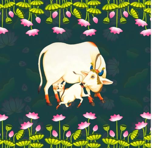 Image of Cow Backdrop Cloth Decoration| Cow Backdrops for Home Decoration Pooja House Warming, Functions (pichwai Backdrop Cloth for Decorations 8x8 feet Dark Green) (Knit Fabric) pongal Decorations backdrops