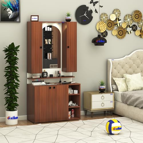 Image of Anikaa Opulex Engineered Wood Dressing Table with Mirror Cabinet, LED Lights, Storage Shelves & Back Panel - Wall Mounted Makeup Vanity & Organizer for Bedroom -(Walnut /White) DIY Installation