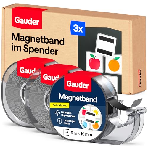GAUDER Magnetband im Spender - Selbstklebender Magnetstreifen für leichte Gegenstände - Zuschneidbare Magnetbandrolle zum Befestigen von Postkarten & Fotos auf Metallflächen (3 Stück je 6 m x 19 mm)