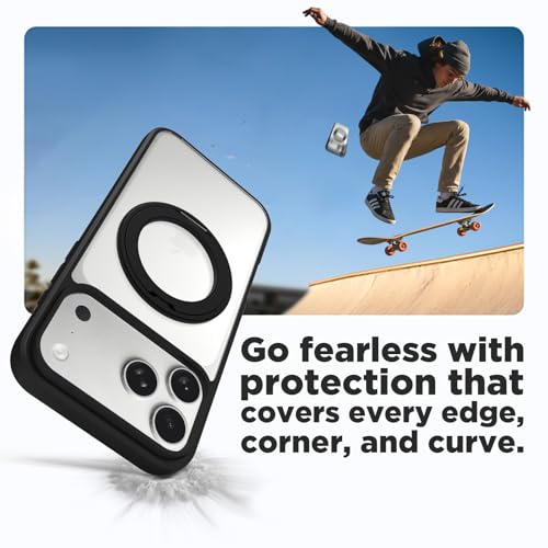 Image of RIGGEAR Shockproof Tough Hybrid Armor 360 Rotating Magnetic Ring Stand Back Cover Case Compatible with MagSafe Accessories for iPhone 17 Pro Max (Smoke Black Matte PC and Black TPU Bumper)