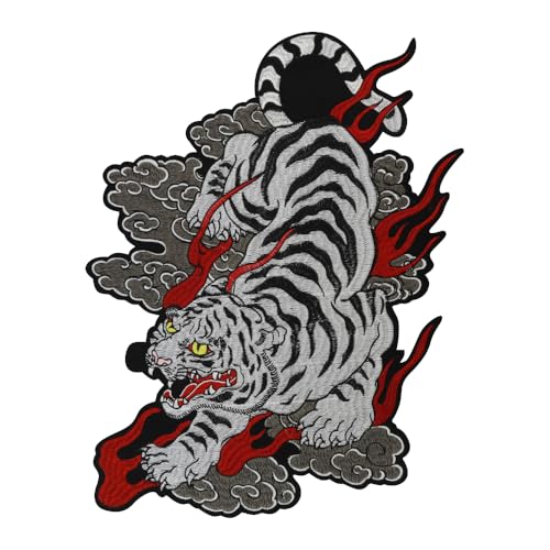 Grand écusson tigre blanc rayé rugissant brodé thermocollant