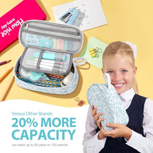 Jcocylse Large Capacity Pencil Case Portable Pencil Pouch Bag School Supplies for College Students Adults(Blue Flowers)