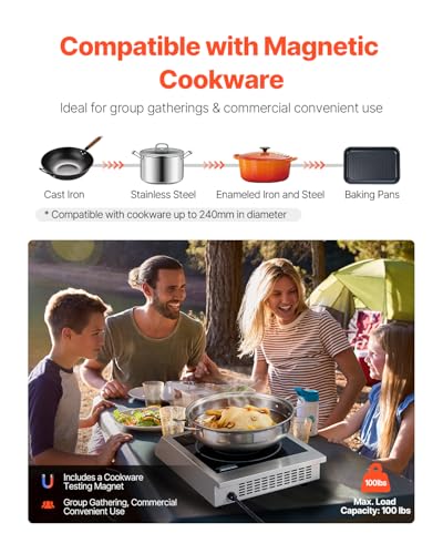 Image of VEVOR Portable Commercial Cooktop, 1800W Induction Burner with 9 Temperature Settings, Stainless Steel Countertop Induction Hot Plate with 3H Timer, Child Lock, for Restaurant Cooking