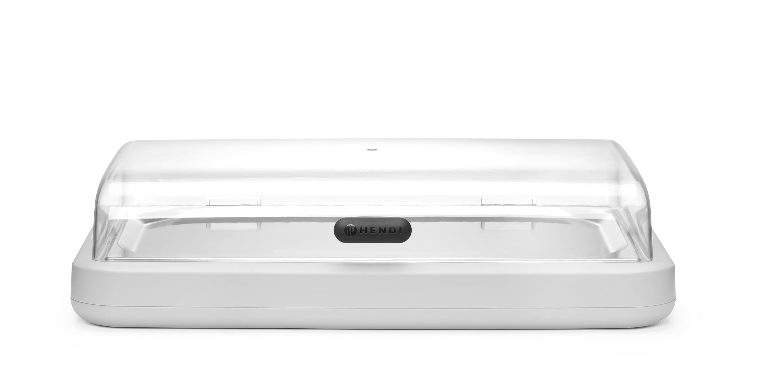HENDI Expositor refrigerado UNIQ con cubierta transparente abatible de ABS, conjunto exhibidor con bandeja de acero inoxidable GN 1/1, bloque refrigerante, 593x389x(H)147mm, polipropileno, blanco