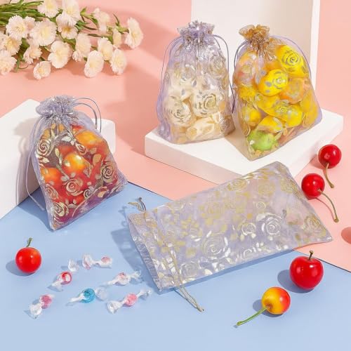 Image of XCLUSY 20PCS (10X14CM)(4x6 inchINCH) Potli Bags for Gifting - Multipurpose Wedding Return Gift Bags | Party Favour, Birthday, Anniversary, Festive Packing Pouches | Organza, Cloth, Brocade, Fancy Luxury Goodie Bags (PURPLE PRINTED, 1 Count(Pack of 20))