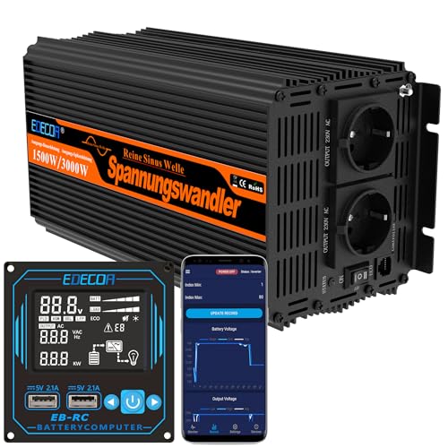 EDECOA inversor 12v 220v Onda Pura 1500w Convertido Mando a Distancia Pro 2X USB Puede Elegir Tipo batería FLD AGM Gel LiFePo4 Modo Eco