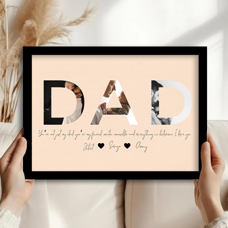 Image of Customized Fathers Day Gift for your DAD with 3 Pictures Collage print along with DAD Text, Photo Frame With Photo Upload for Father and Parents (9.2x12.6 Inch)