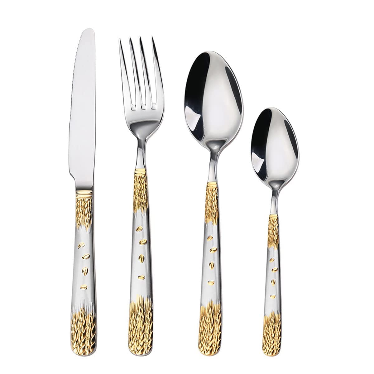 Cubiertos plateados y dorados para 24 personas, juego de 120 piezas de cuchillo, tenedor y cuchara, juego de cena Elegant Life, cubiertos aptos para lavavajillas. (Servicio de banquete para 4)