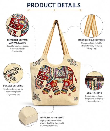 Image of Elephant Print Canvas Tote Bag for Women, Ethnic Shoulder Handbag with Multicolor Elephant Design, Dual Handle Everyday Carry Bag for Shopping, Office, College, Travel & Daily Use