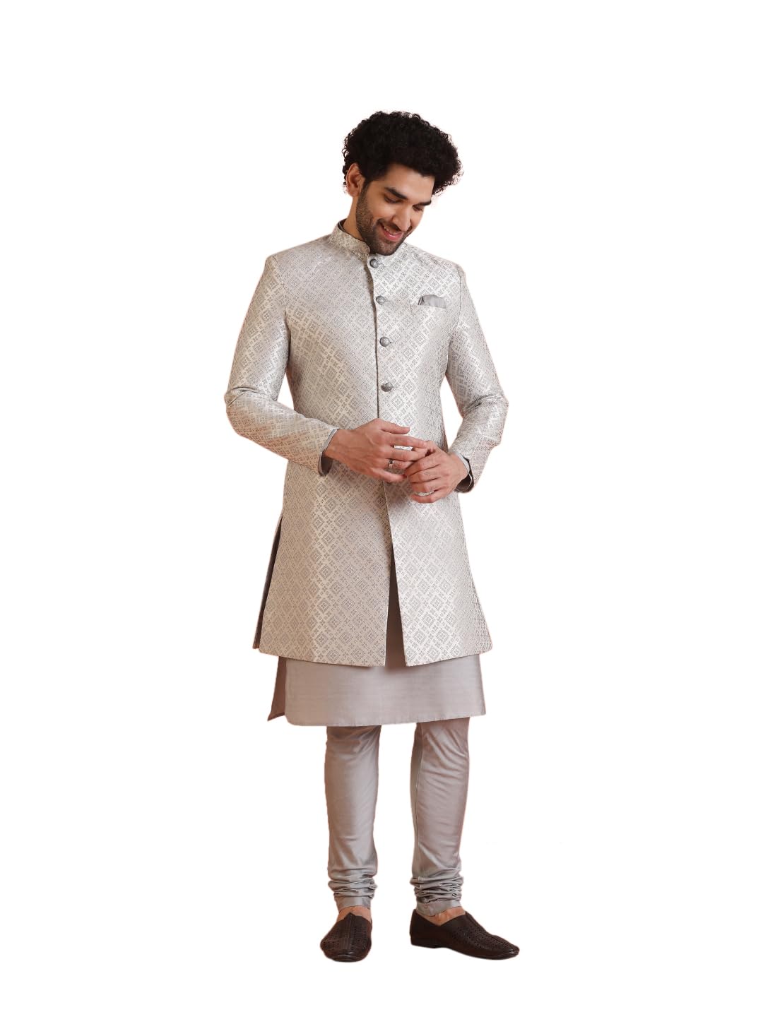 Men's Silk Blend Full Sleeves Regular Fit Woven Design Blue Kurta Indo-Western Sherwani Churidar Set