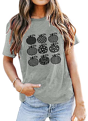 EGELEXY Pumpkin T Shirt Women Cute Graphic Tops Tee Casual Short Sleeve Fall Shirts Top Grey