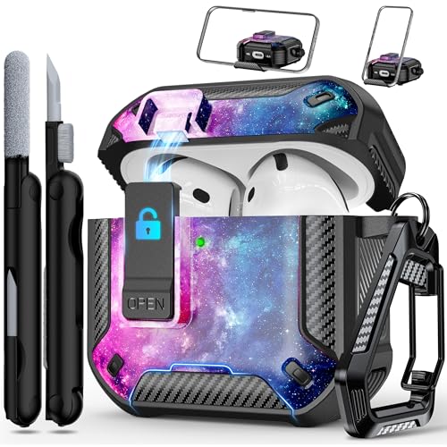Image of RFUNGUANGO Compatible AirPods 4th Generation Protective Case with Phone Holder and Compatible Back Magnetic Suction Function, Suitable for AirPods 4th Case-Black+Starry Sky