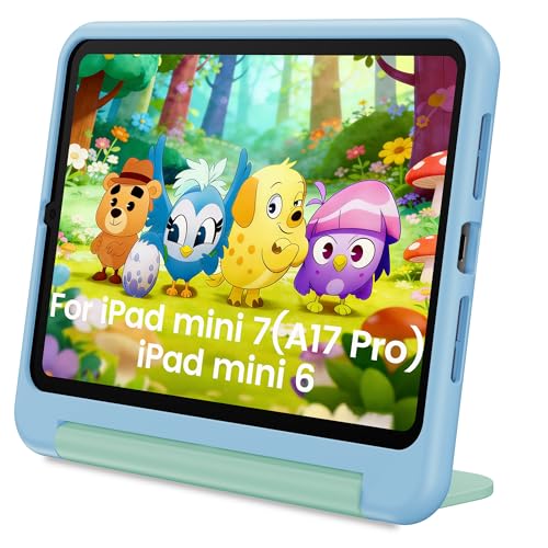 INFILAND Kids Case for iPad mini 7 2024 (A17 Pro) iPad mini 6 Case(8.3 Inch 2021 Model) iPad mini 7th/6th Generation Case with Durable Soft Shockproof Stand and Handle (Sky Blue-Mint)